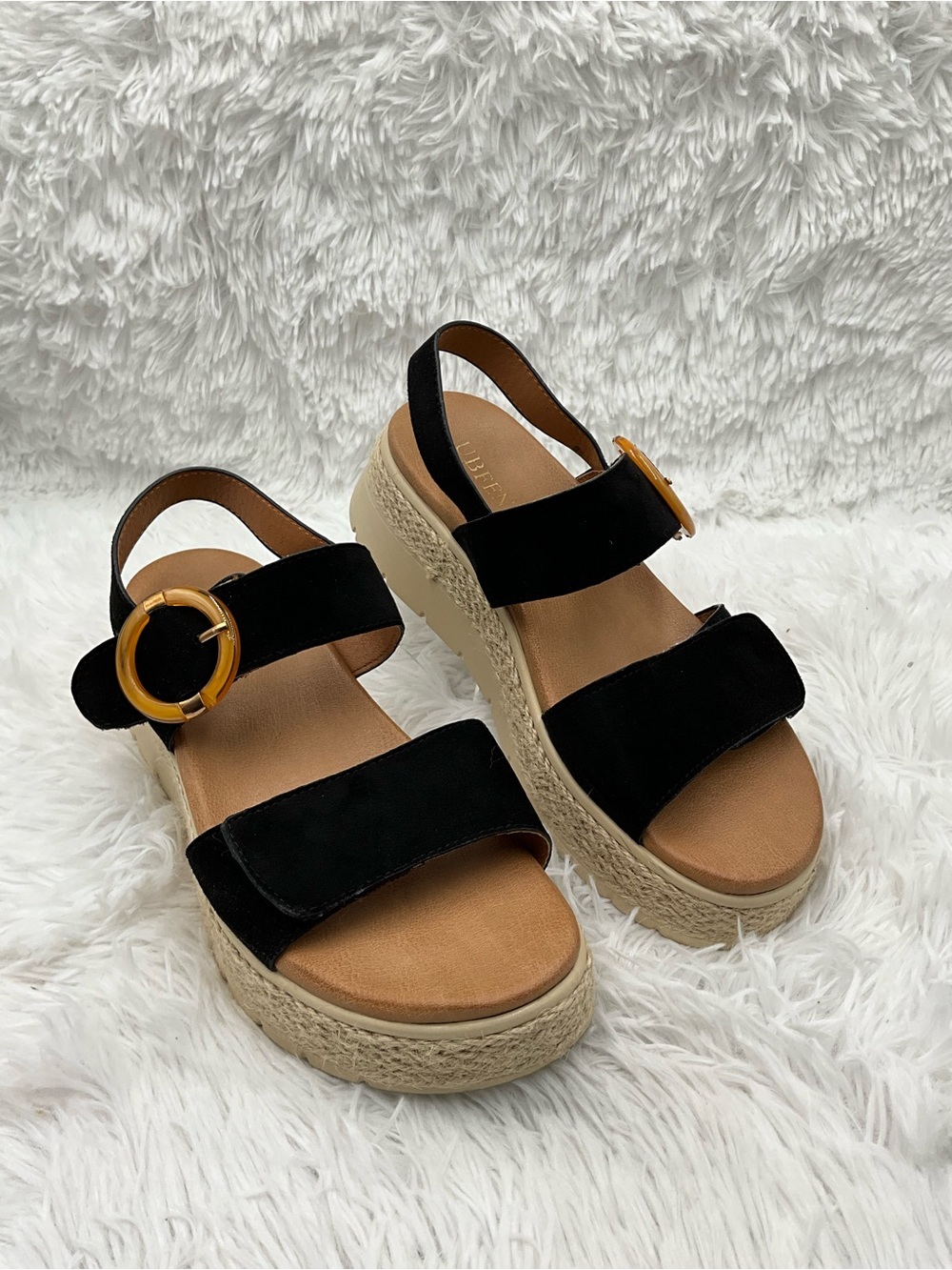 UBFEN Espadrille Sandals Size EU 39 (8-8.5) Black Platform with Amber Accent